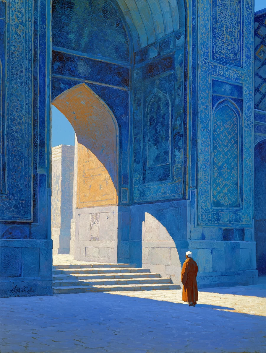 Painting of a cobalt blue tiled archway opening onto golden sunlight, with a small figure below