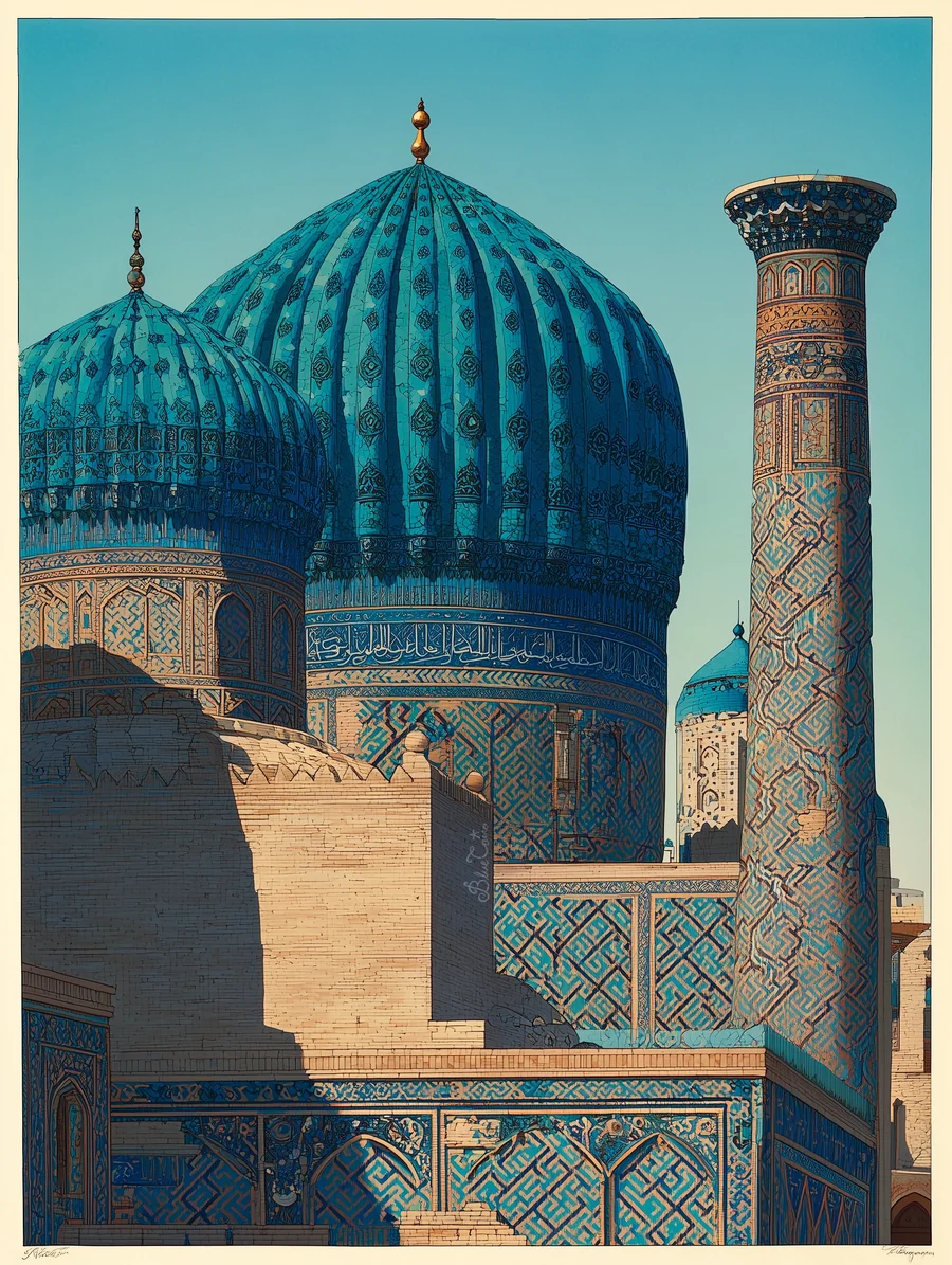 Illustration of turquoise domes and a patterned minaret, framed by warm sandstone and cream