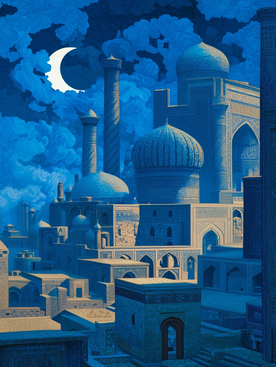 Painting of a crescent moon above blue domes, minarets, and swirling clouds