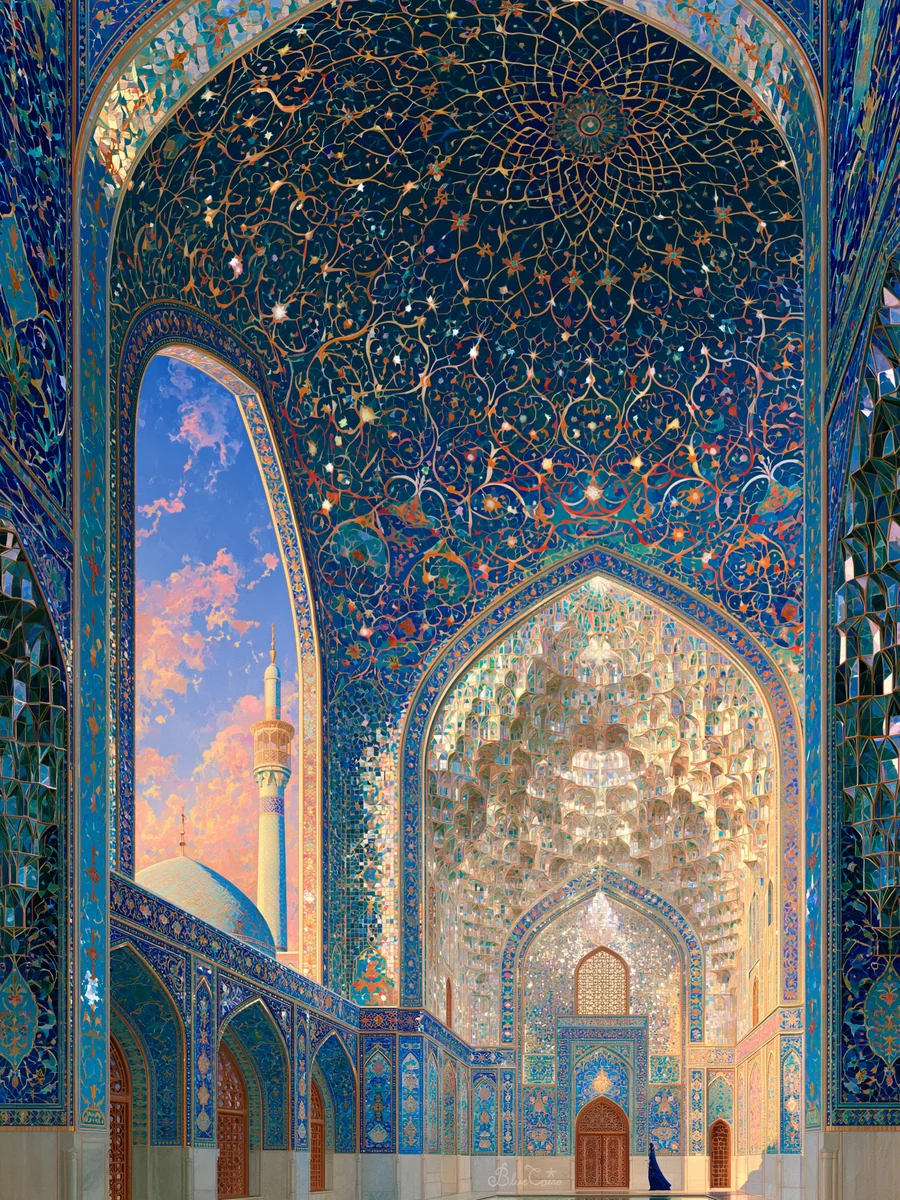 Painting of an intricate turquoise and gold mosaic arch opening toward a pink sunset