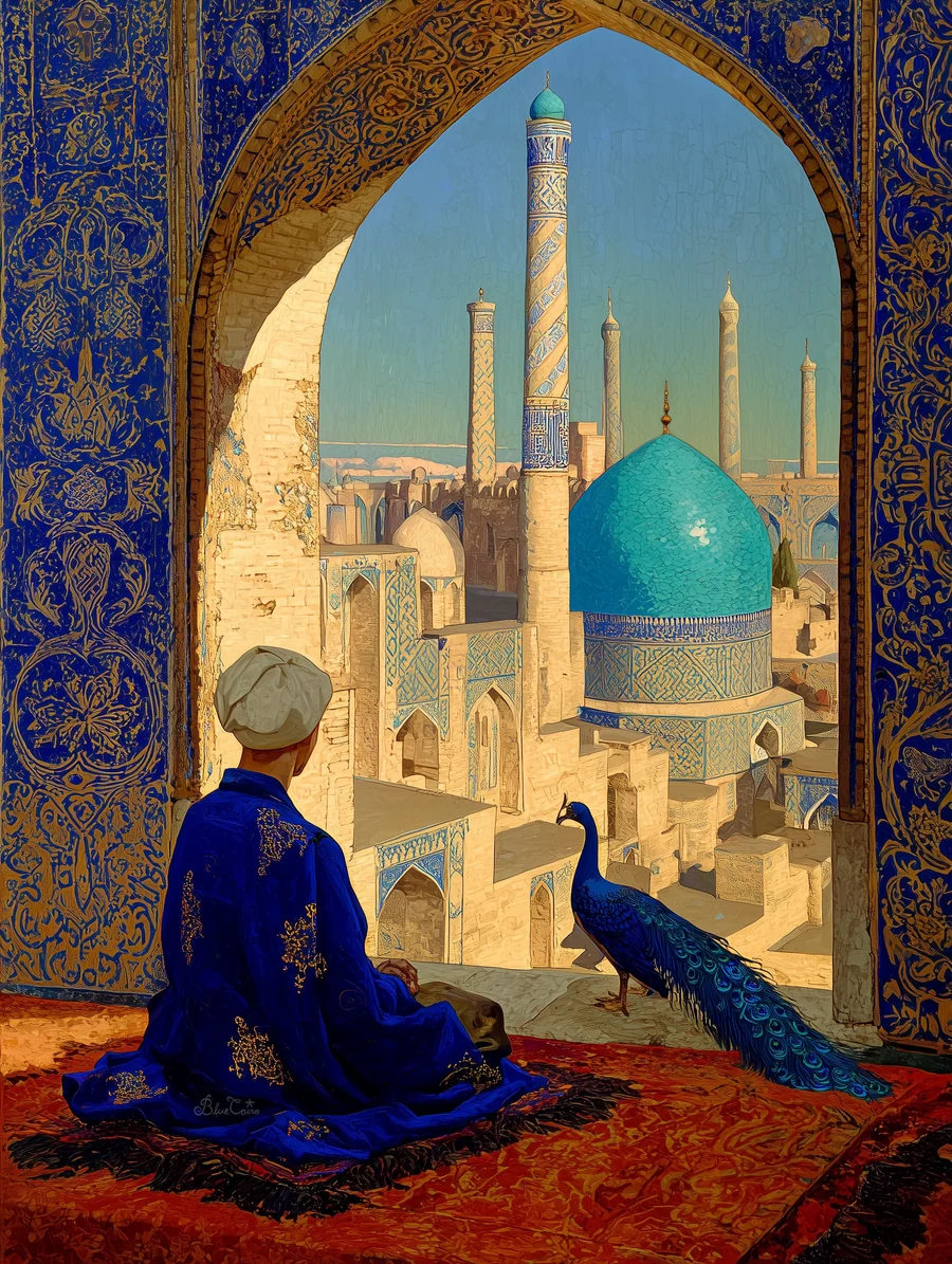 Painting of a peacock and a seated figure beneath a blue and gold arch overlooking turquoise domes