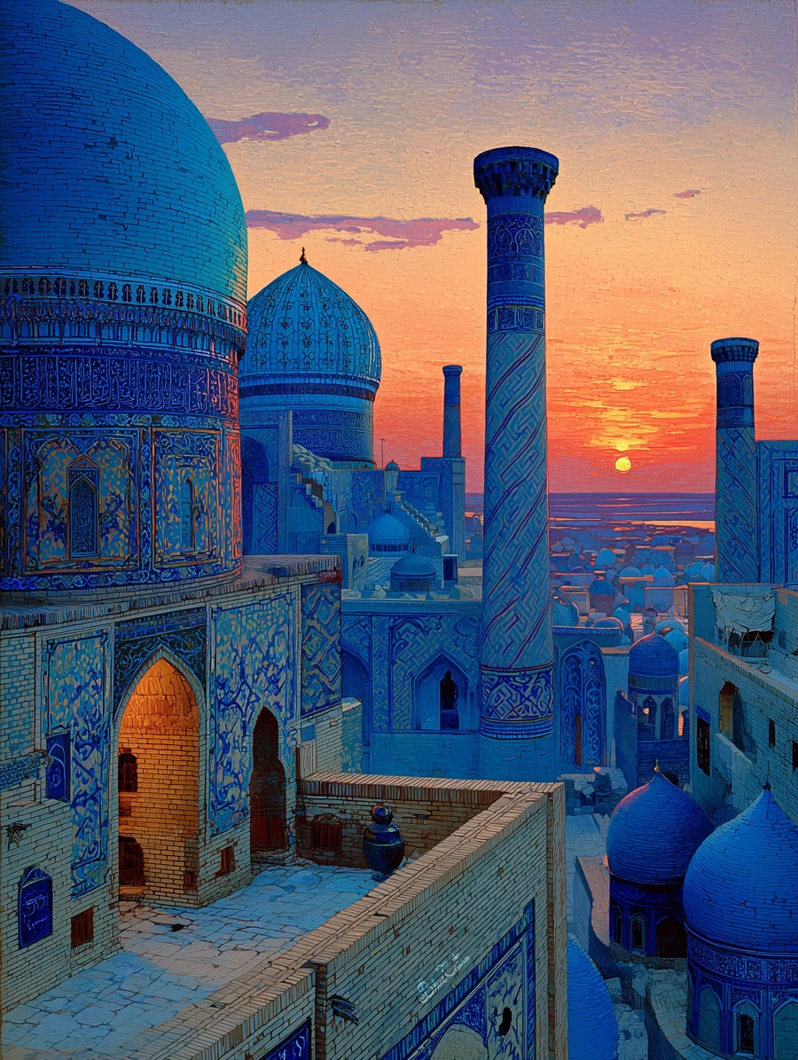 Painting of blue tiled domes and minarets beneath a glowing apricot sunset