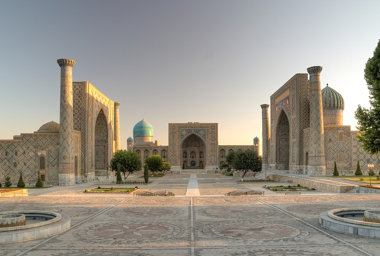 The Registan, a public square framed by three madrasas in Samarkand